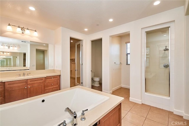 245 Snapdragon Ln, Glendora, CA 91741 - full bathroom featuring vanity, a stall shower, tile patterned flooring, recessed lighting, and a tub