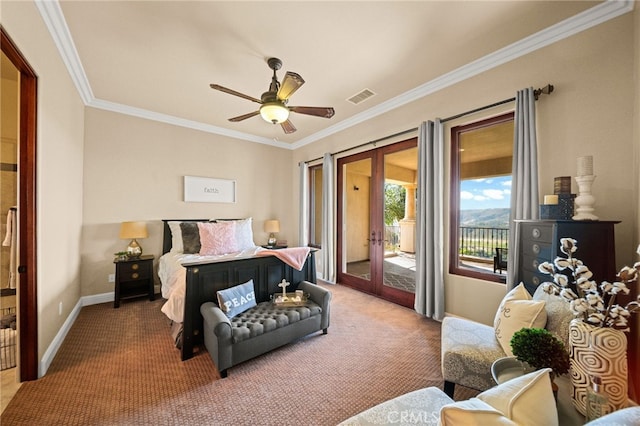 43650 La Cruz Dr, Temecula, CA 92590 - bedroom with french doors, ornamental molding, access to outside, carpet, and ceiling fan