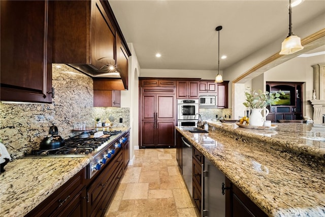43650 La Cruz Dr, Temecula, CA 92590 - kitchen with appliances with stainless steel finishes, stone tile floors, tasteful backsplash, hanging light fixtures, and light stone countertops