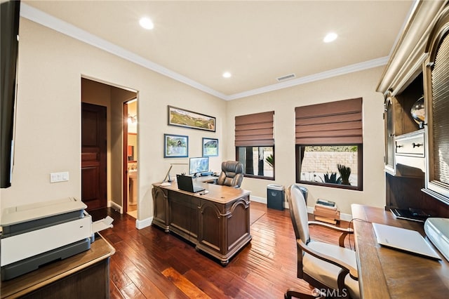 43650 La Cruz Dr, Temecula, CA 92590 - office featuring dark wood-style flooring, crown molding, and recessed lighting