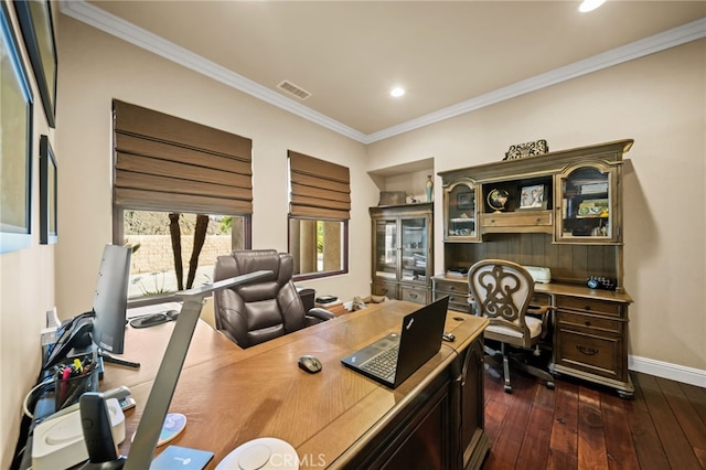 43650 La Cruz Dr, Temecula, CA 92590 - home office with crown molding, dark wood-style flooring, and recessed lighting