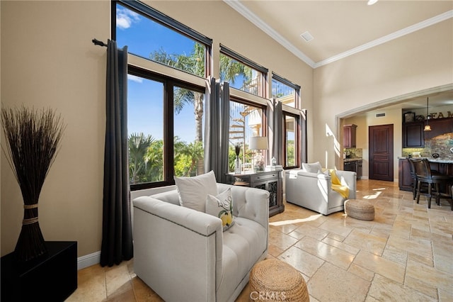 43650 La Cruz Dr, Temecula, CA 92590 - living area with ornamental molding, stone tile floors, and a high ceiling