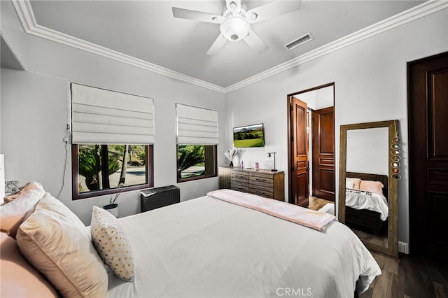 43650 La Cruz Dr, Temecula, CA 92590 - bedroom with ornamental molding, dark wood finished floors, and a ceiling fan