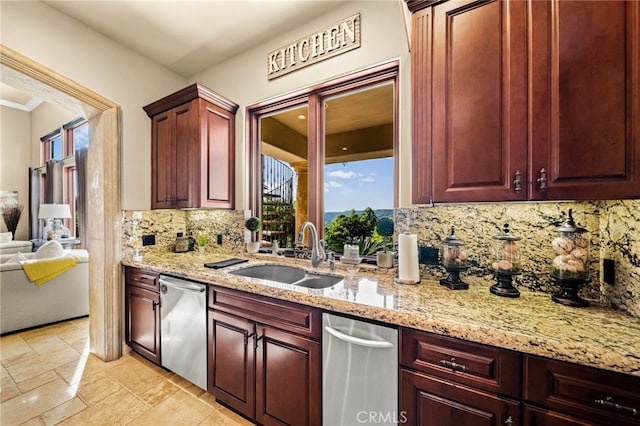 43650 La Cruz Dr, Temecula, CA 92590 - kitchen featuring dishwasher, tasteful backsplash, light stone counters, stone tile floors, and dark brown cabinets
