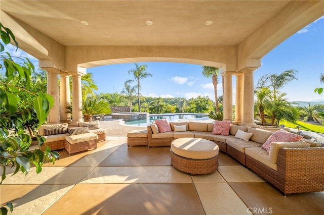 43650 La Cruz Dr, Temecula, CA 92590 - view of patio / terrace with an outdoor living space and a pool with connected hot tub