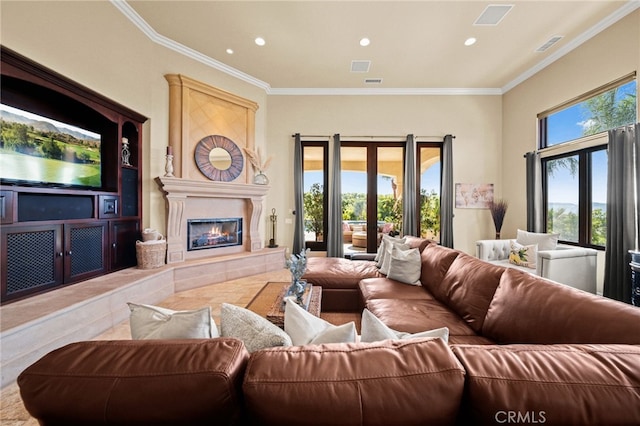 43650 La Cruz Dr, Temecula, CA 92590 - living room with a fireplace, recessed lighting, and ornamental molding