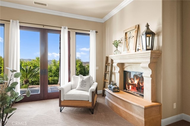 43650 La Cruz Dr, Temecula, CA 92590 - sitting room with ornamental molding, carpet flooring, and a high end fireplace