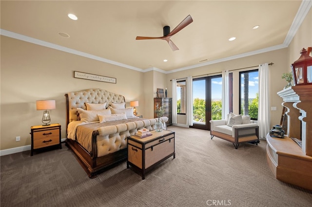 43650 La Cruz Dr, Temecula, CA 92590 - carpeted bedroom with ornamental molding, access to outside, recessed lighting, ceiling fan, and a fireplace with raised hearth