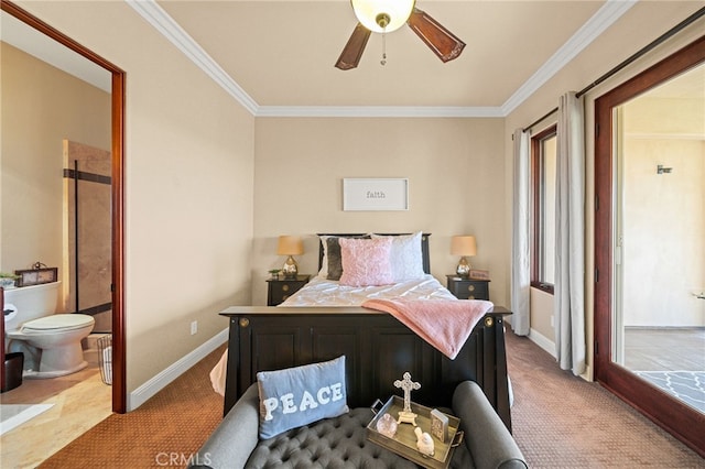 43650 La Cruz Dr, Temecula, CA 92590 - carpeted bedroom with ornamental molding, ensuite bathroom, and a ceiling fan