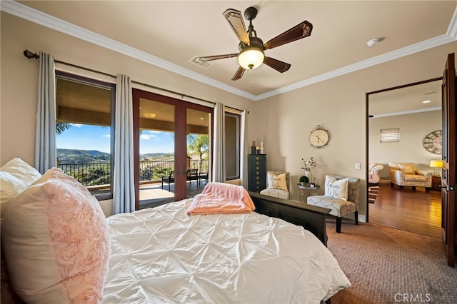 43650 La Cruz Dr, Temecula, CA 92590 - bedroom with access to outside, multiple windows, ornamental molding, wood finished floors, and a ceiling fan