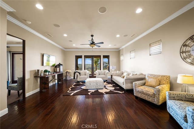 43650 La Cruz Dr, Temecula, CA 92590 - living room featuring wood-type flooring, a ceiling fan, recessed lighting, and ornamental molding