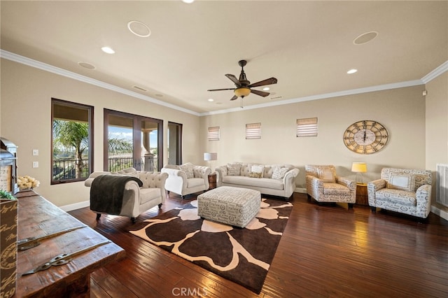 43650 La Cruz Dr, Temecula, CA 92590 - living room with hardwood / wood-style floors, ceiling fan, recessed lighting, and ornamental molding