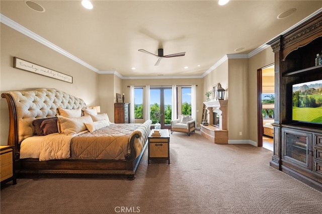 43650 La Cruz Dr, Temecula, CA 92590 - carpeted bedroom with recessed lighting, ornamental molding, a fireplace with raised hearth, access to exterior, and a ceiling fan