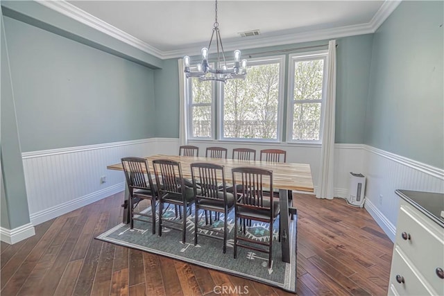 25531 Durant Pl, Stevenson Ranch, CA 91381 - dining room featuring a chandelier, a wainscoted wall, dark wood-type flooring, and ornamental molding