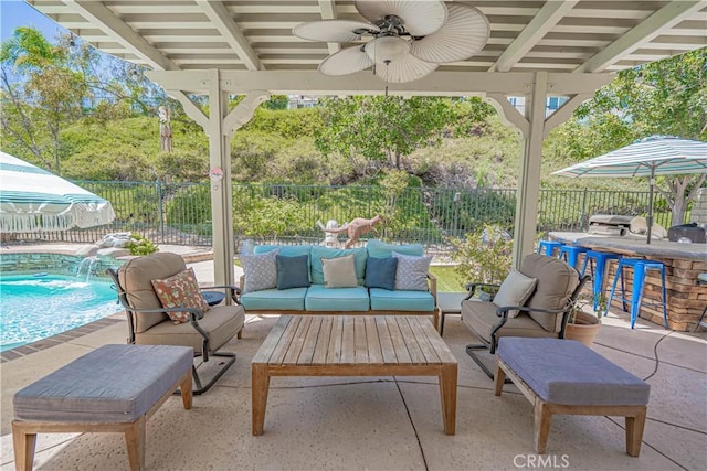 25531 Durant Pl, Stevenson Ranch, CA 91381 - fenced backyard featuring an outdoor living space, a patio area, and ceiling fan