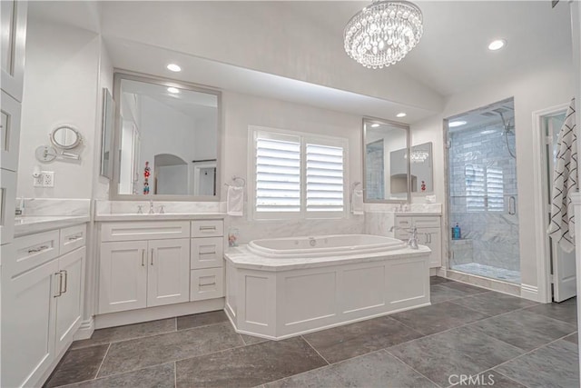 25531 Durant Pl, Stevenson Ranch, CA 91381 - full bathroom with a shower stall, a garden tub, vanity, a chandelier, and recessed lighting