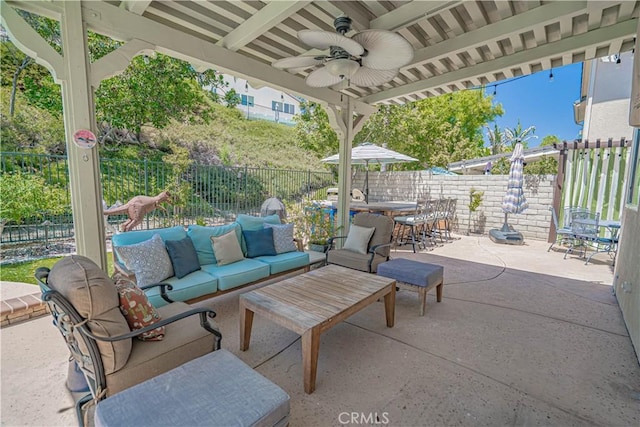 25531 Durant Pl, Stevenson Ranch, CA 91381 - fenced backyard with an outdoor living space, a patio, and a ceiling fan