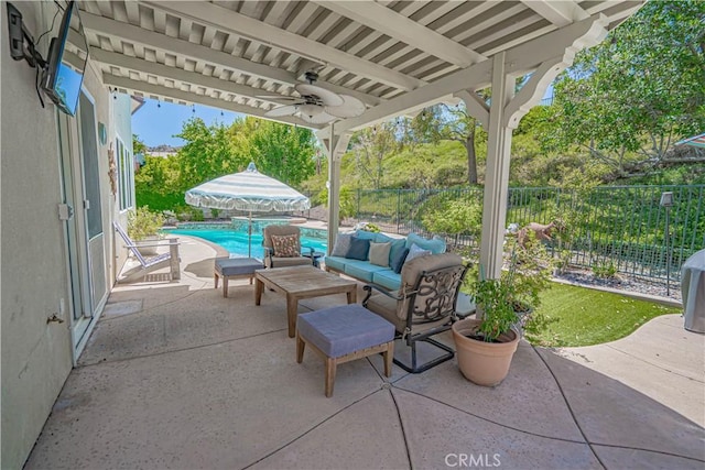 25531 Durant Pl, Stevenson Ranch, CA 91381 - fenced backyard featuring a patio area, ceiling fan, an outdoor pool, and an outdoor hangout area