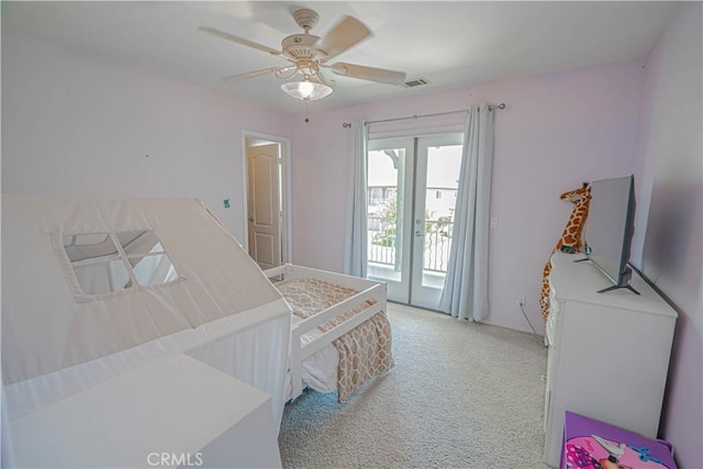 25531 Durant Pl, Stevenson Ranch, CA 91381 - bedroom with access to outside, light carpet, and ceiling fan