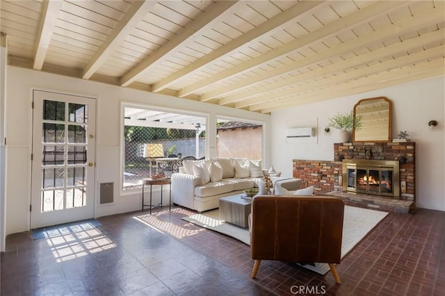 1137 Lafayette St, San Gabriel, CA 91776 - living room with a brick fireplace, a wall mounted air conditioner, and a wooden ceiling with exposed beams