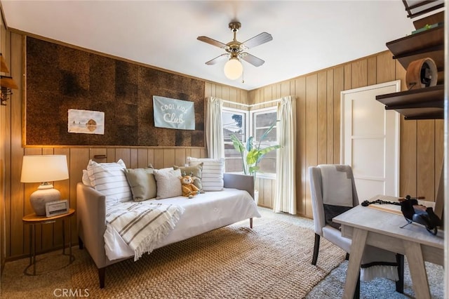 1137 Lafayette St, San Gabriel, CA 91776 - bedroom featuring carpet floors, wood walls, and a ceiling fan