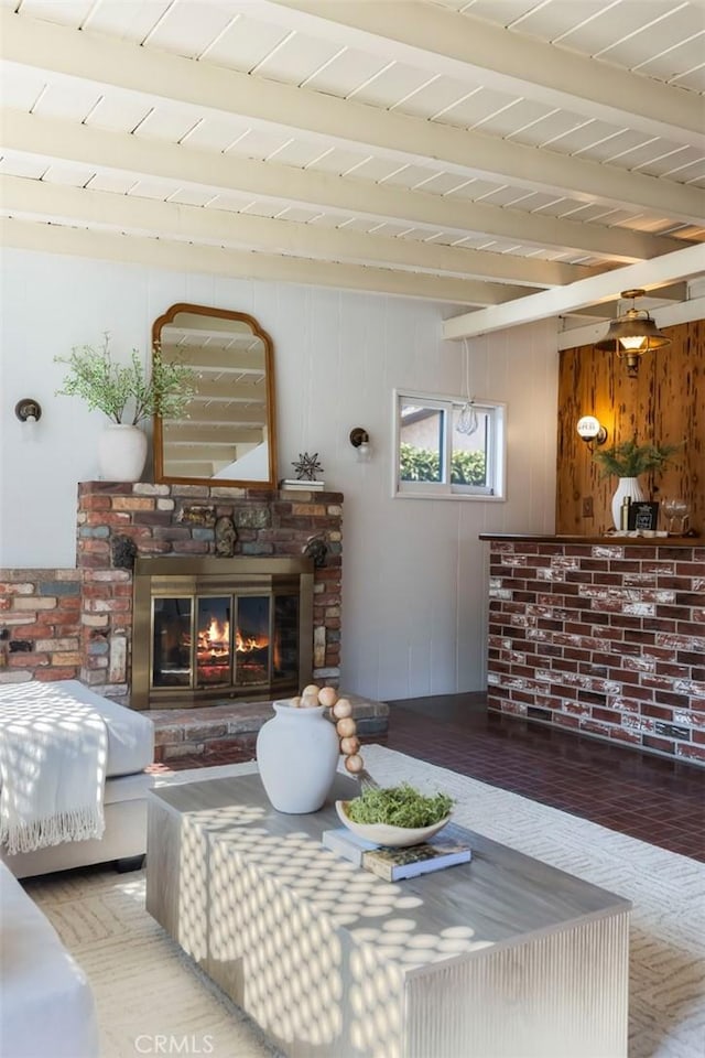 1137 Lafayette St, San Gabriel, CA 91776 - living room featuring beam ceiling, a glass covered fireplace, wood finished floors, and wood walls