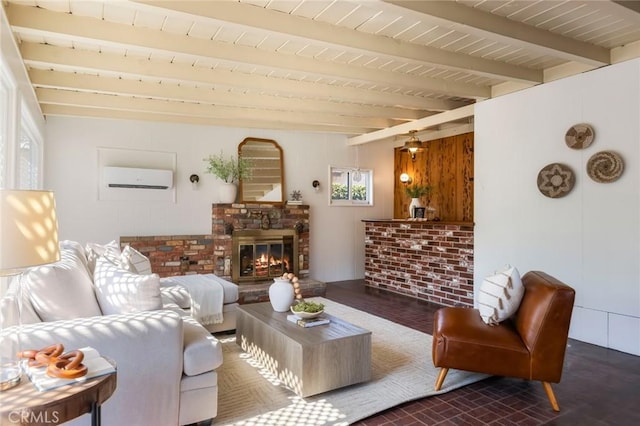 1137 Lafayette St, San Gabriel, CA 91776 - living room featuring a wall unit AC, beamed ceiling, a glass covered fireplace, and wooden walls