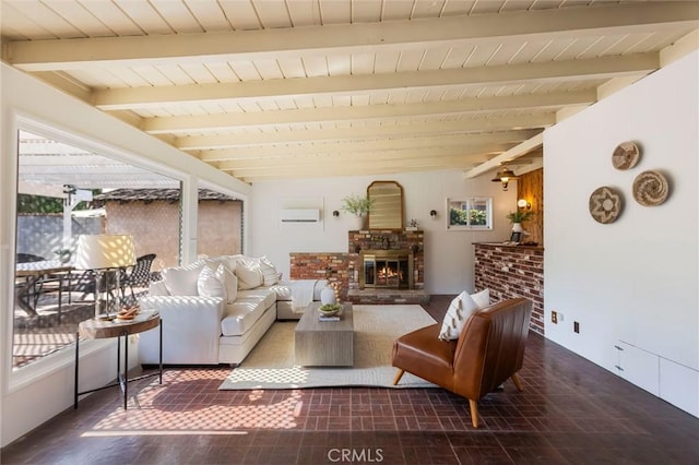 1137 Lafayette St, San Gabriel, CA 91776 - living room featuring a fireplace, brick patterned floors, and a wooden ceiling with exposed beams