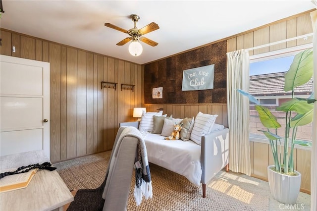 1137 Lafayette St, San Gabriel, CA 91776 - bedroom featuring carpet floors, wood walls, and a ceiling fan