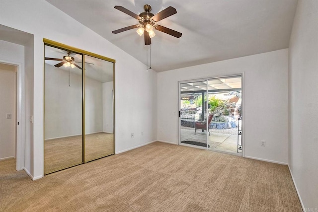 5261 Hubbert St, Oceanside, CA 92056 - unfurnished bedroom with carpet flooring, access to outside, vaulted ceiling, ceiling fan, and a closet