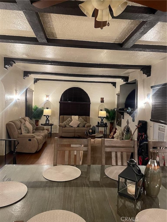 10430 San Jose Ave, South Gate, CA 90280 - living area featuring wood finished floors, a ceiling fan, and beam ceiling