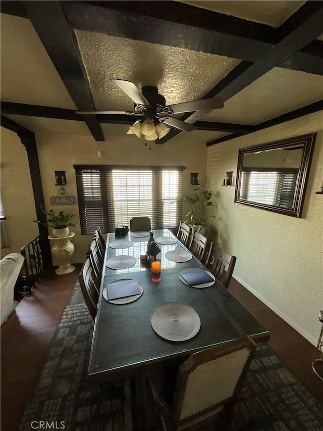 10430 San Jose Ave, South Gate, CA 90280 - dining area with a ceiling fan, a textured wall, wood finished floors, and beam ceiling