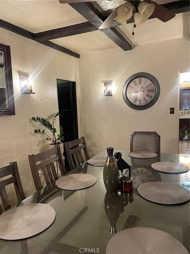 10430 San Jose Ave, South Gate, CA 90280 - dining area with a textured wall, beam ceiling, and a ceiling fan