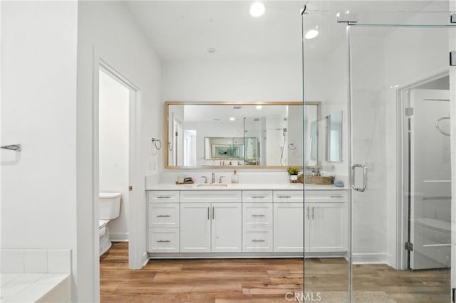 3969 Eliopulos Ranch Dr, Palmdale, CA 93551 - bathroom featuring vanity, wood finished floors, and a stall shower