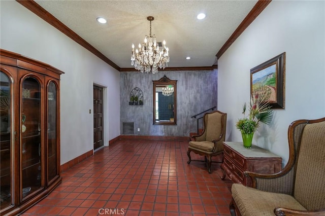 1218 Pine St, South Pasadena, CA 91030 - sitting room with a chandelier, ornamental molding, a textured ceiling, tile patterned flooring, and recessed lighting