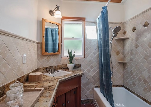 2 Chuckwagon Rd, Rolling Hills, CA 90274 - full bath with double vanity, shower / bath combo, and tile walls