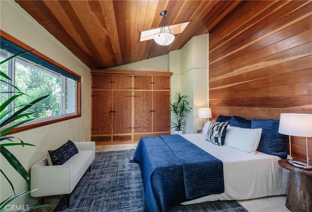 2 Chuckwagon Rd, Rolling Hills, CA 90274 - bedroom with wooden ceiling, vaulted ceiling, a skylight, and wooden walls