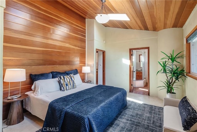 2 Chuckwagon Rd, Rolling Hills, CA 90274 - bedroom with wooden ceiling, lofted ceiling, ensuite bath, and wooden walls