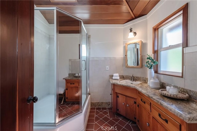 2 Chuckwagon Rd, Rolling Hills, CA 90274 - bathroom with tile patterned flooring, a shower with shower door, vanity, wooden ceiling, and tile walls