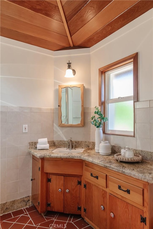2 Chuckwagon Rd, Rolling Hills, CA 90274 - bathroom featuring tile walls, vanity, wood ceiling, and tile patterned flooring