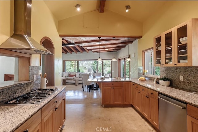 2 Chuckwagon Rd, Rolling Hills, CA 90274 - kitchen featuring island range hood, stainless steel appliances, decorative backsplash, a peninsula, and light stone counters