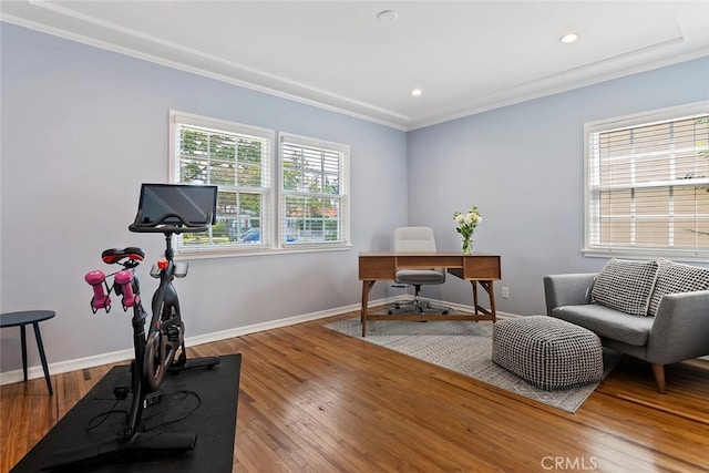 14348 Emelita St, Sherman Oaks, CA 91401 - home office featuring ornamental molding, wood finished floors, and recessed lighting
