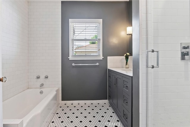 14348 Emelita St, Sherman Oaks, CA 91401 - bathroom with a shower with door, tile patterned flooring, vanity, and a tub