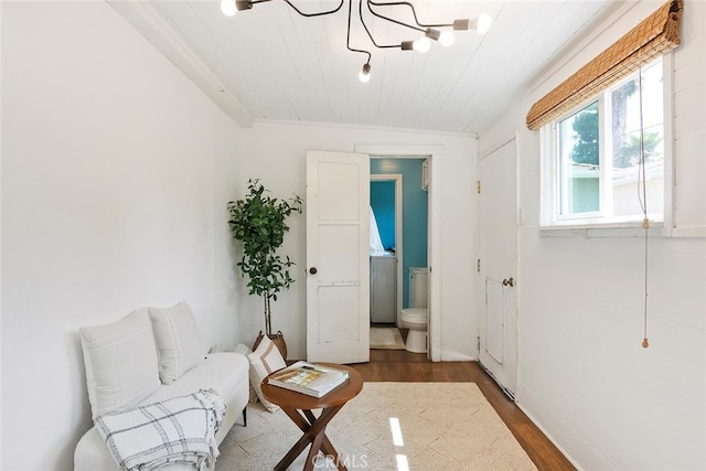 14348 Emelita St, Sherman Oaks, CA 91401 - living area with wood finished floors, wooden ceiling, and a chandelier