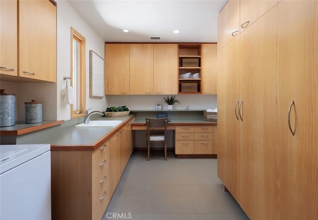 10551 Hillsboro Rd, North Tustin, CA 92705 - kitchen with built in study area, open shelves, light brown cabinets, independent washer and dryer, and recessed lighting