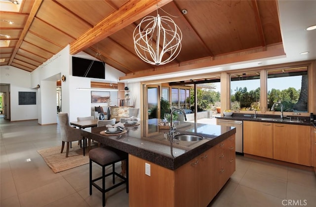 10551 Hillsboro Rd, North Tustin, CA 92705 - kitchen with stainless steel dishwasher, wood ceiling, open floor plan, a chandelier, and dark stone countertops