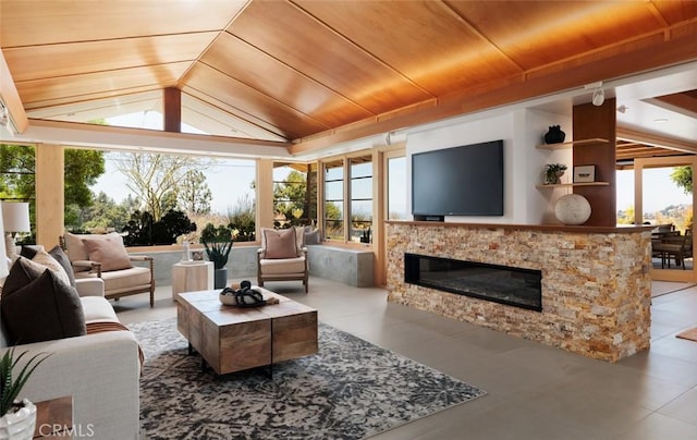 10551 Hillsboro Rd, North Tustin, CA 92705 - tiled living area with wood ceiling, lofted ceiling, and a glass covered fireplace