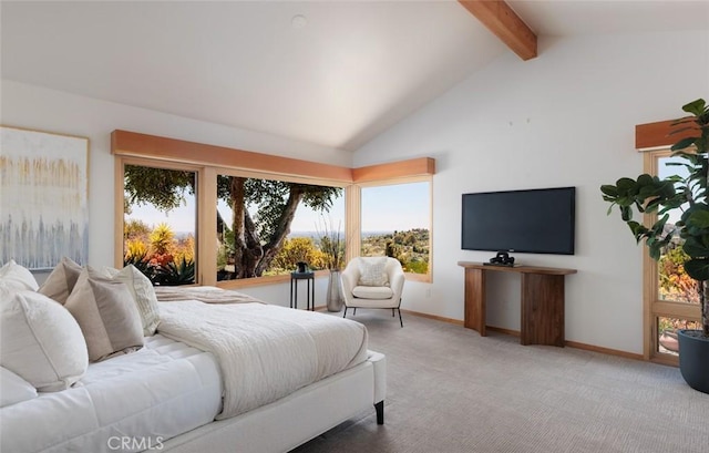 10551 Hillsboro Rd, North Tustin, CA 92705 - carpeted bedroom featuring beamed ceiling, multiple windows, and high vaulted ceiling