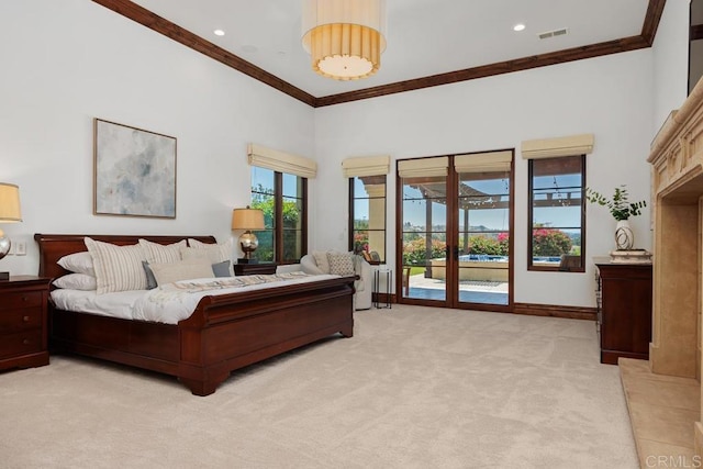 8183 Doug Hill, San Diego, CA 92127 - bedroom with ornamental molding, access to exterior, light colored carpet, and a high ceiling