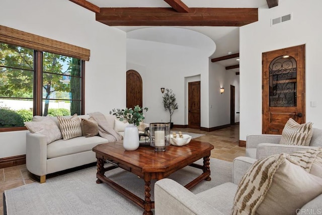 8183 Doug Hill, San Diego, CA 92127 - living room with stone tile flooring and beamed ceiling
